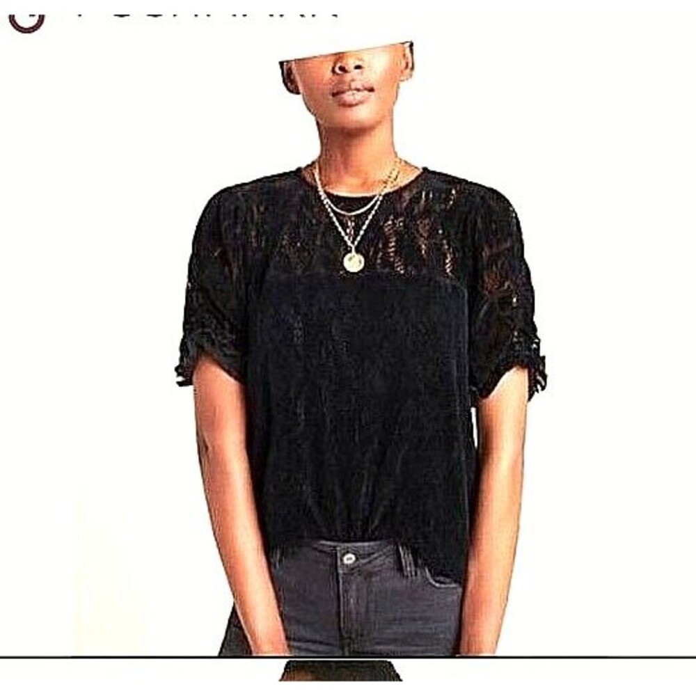 Anthropologie Women's Black Velvet Lace Puff Sleeve Blouse Top Sz M